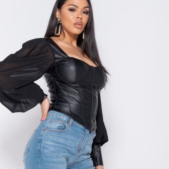 Black Vegan Leather Faux Leather Long Sleeve Bustier Top Blouse - Picture 5 of 10